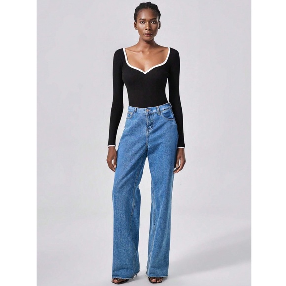 Black Rib Knit Sweetheart Contrast White Trim Long Sleeve Fitted Sweater Top - Picture 9 of 16